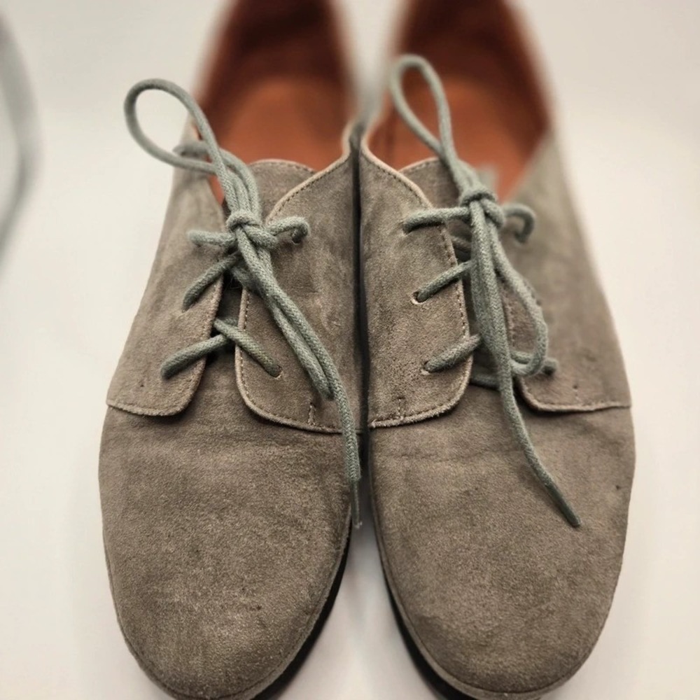 L'Amour Des Pieds Gray Suede Oxford Shoes Women 8.5M Leather Lace Up Wedge Flat